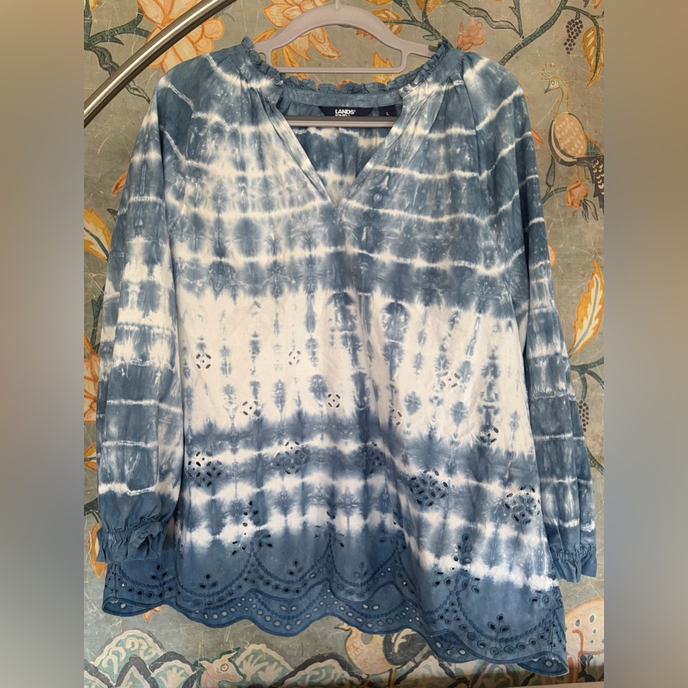 Lands' End Blue and White Tie-Dye Blouse